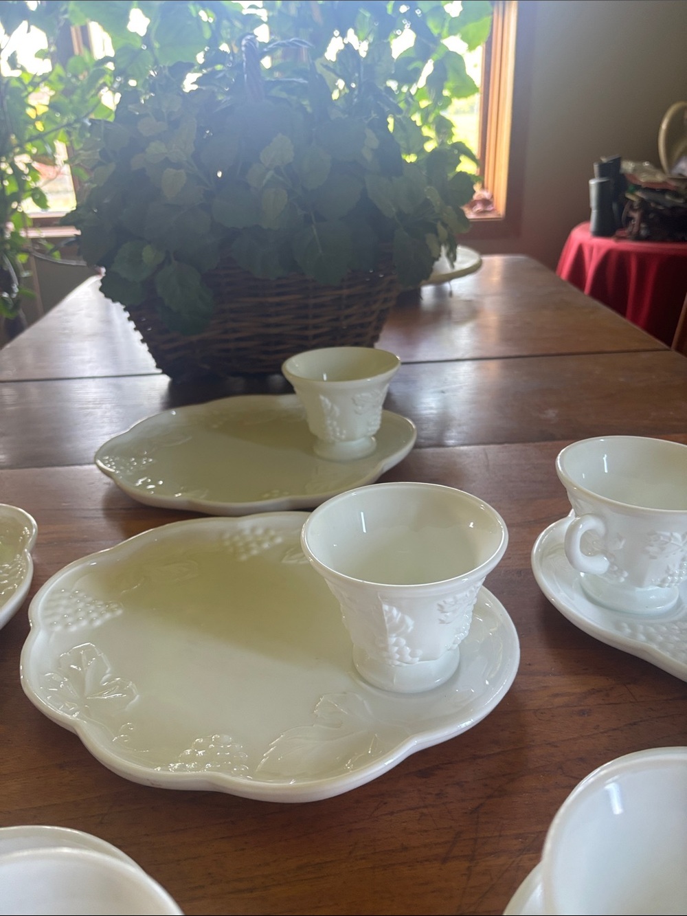 Vintage Indiana Glass Set of 6 Harvest Grape pattern white milk glass snack set - Picture 4 of 13